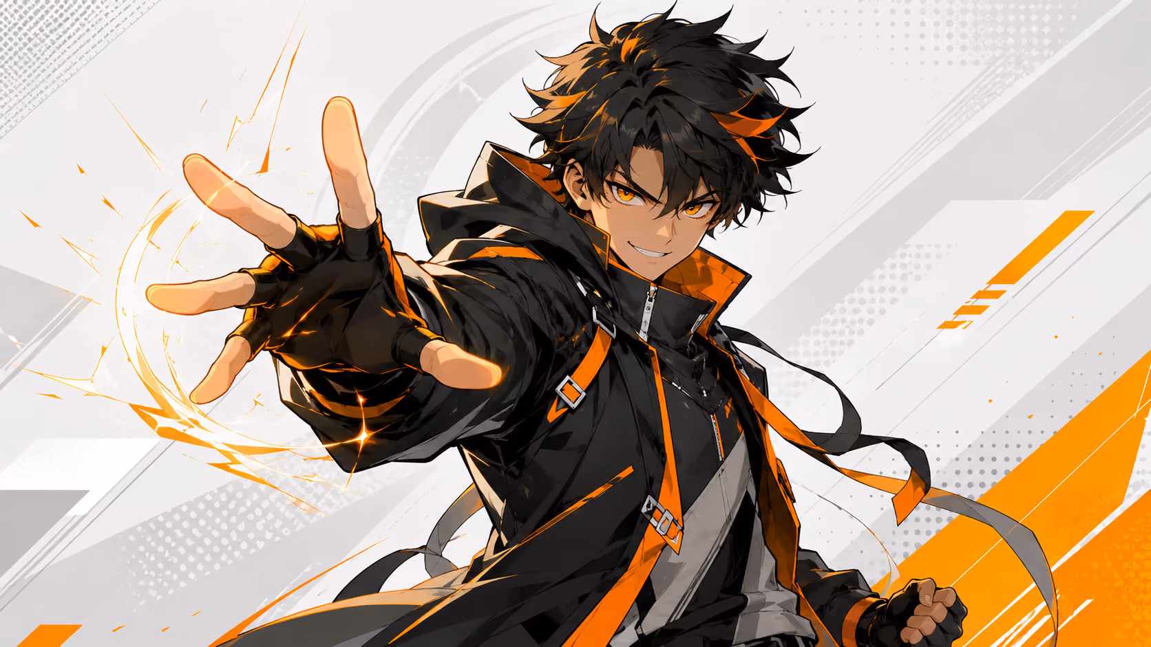 Anime-style character with dark spiky hair and orange highlights wearing a black and orange jacket, extending a gloved hand forward emitting glowing orange energy.