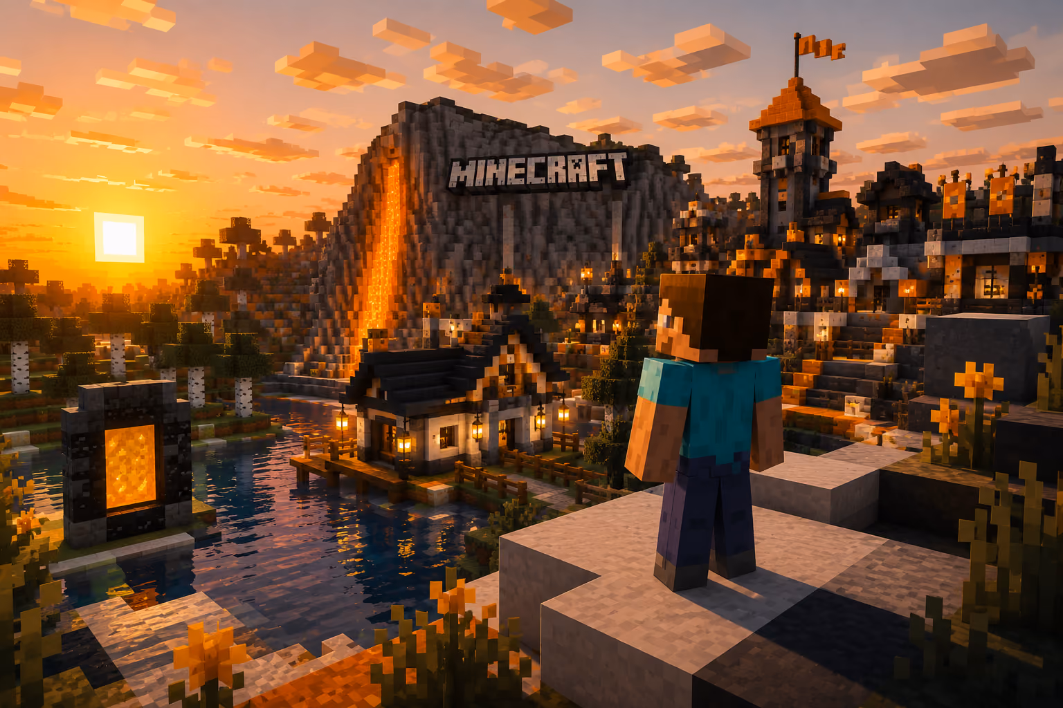 Minecraft character standing on stone blocks overlooking a village at sunset with houses, a tower with a flag, water, trees, and a mountain with flowing lava and a large 'MINECRAFT' sign.